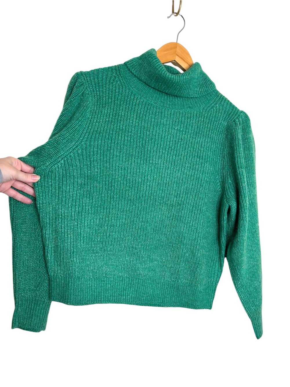 NWT J. Crew sweater green puff sleeve turtleneck cowl size medium - Picture 4 of 6